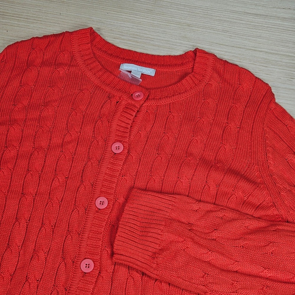 Woman Within Cardigan Women L Red Cable Knit Button Front Cotton NEW READ